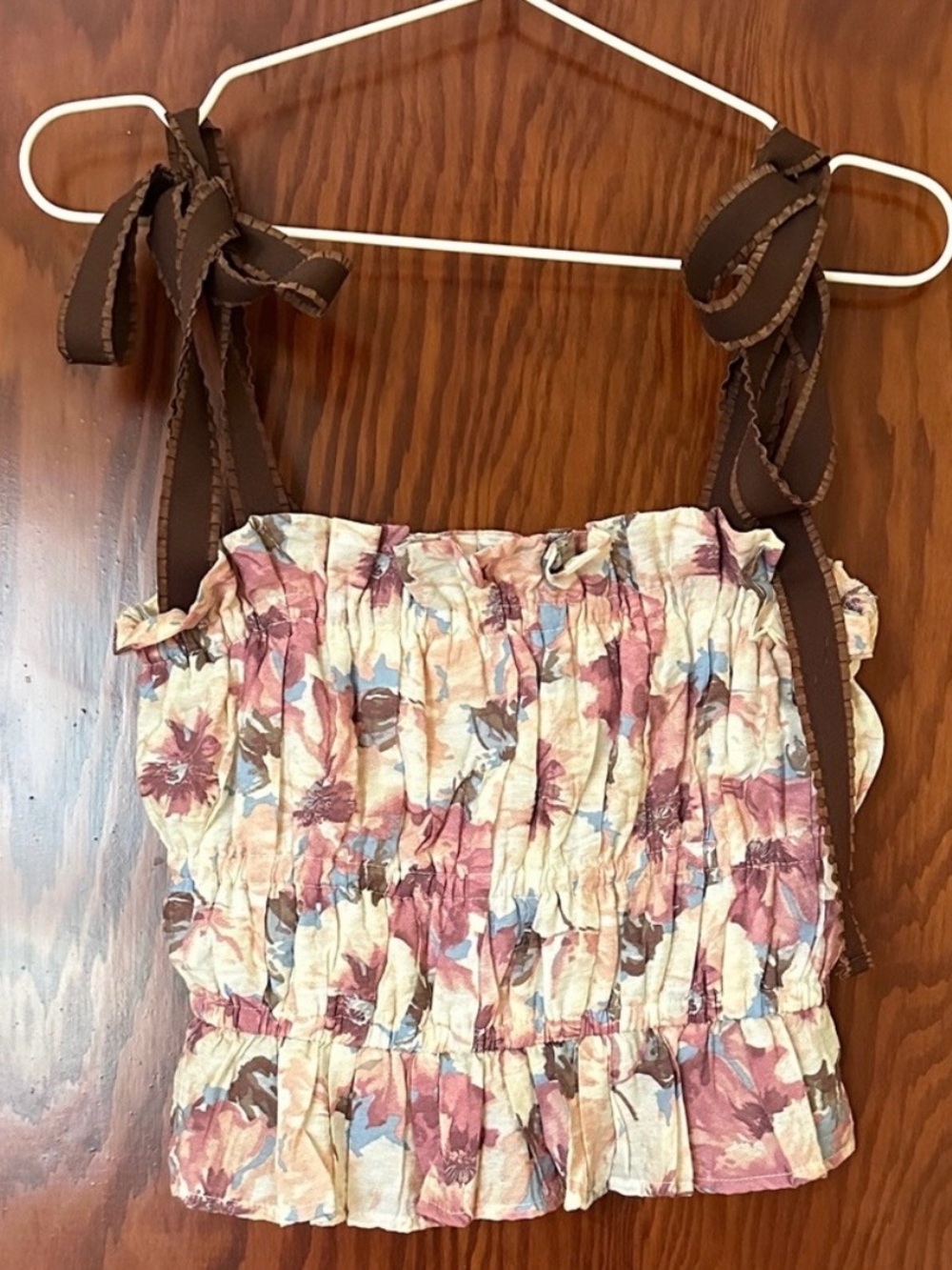 En Saison Floral Smocked Tank with Brown Tie Straps